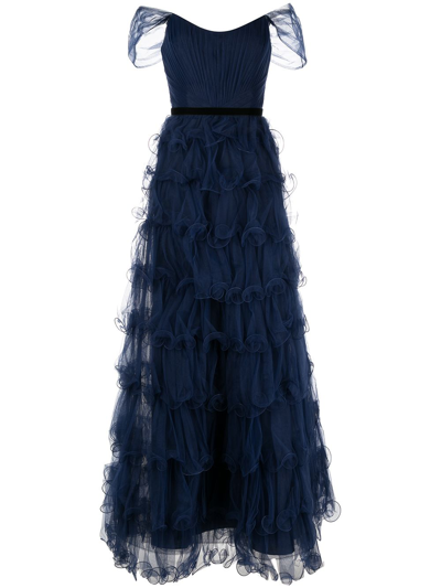 Marchesa Notte Off-shoulder Pleated Ruffle Tulle Gown In Blue