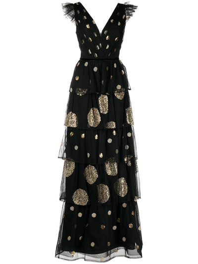 Marchesa Notte Polka Dot Embellished Tiered Tulle Gown In Black