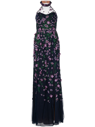 Marchesa Notte Floral Embroidered Gown In Blue