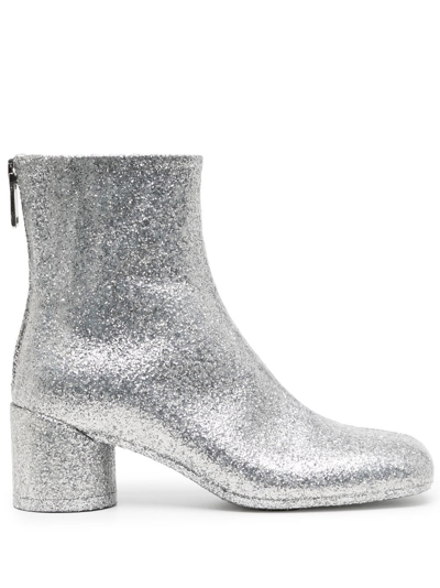 Mm6 Maison Margiela Square-toe Glitter Ankle Boots In Silver