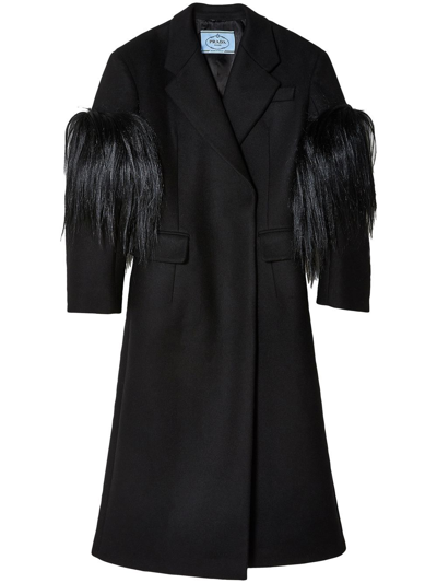 Prada Double-breasted Cloth And Mohair Coat In Nero