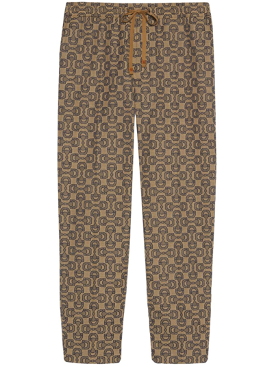 Gucci Jacquard Fabric Jogging Trousers With Horsebit In Tan
