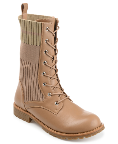 Journee Collection Women's Melei Knit Lace Up Lug Sole Combat Boots In Beige