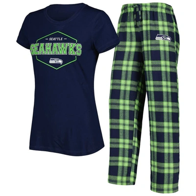 CONCEPTS SPORT CONCEPTS SPORT COLLEGE NAVY/NEON GREEN SEATTLE SEAHAWKS BADGE T-SHIRT & PANTS SLEEP SET