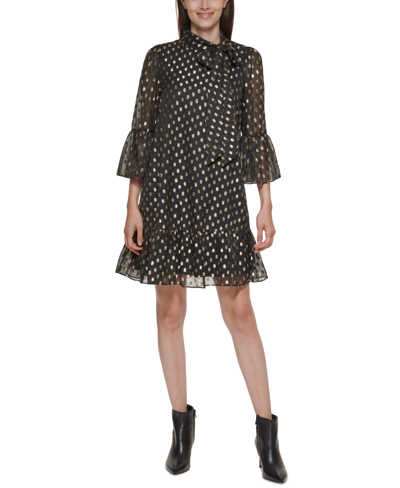 Calvin Klein Petite Tie-neck Clip-dot Chiffon Dress In Black/gold