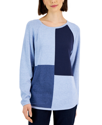 Karen Scott Petite Colorblocked Patchwork Sweater, Created For Macy's In Light Blue Heather