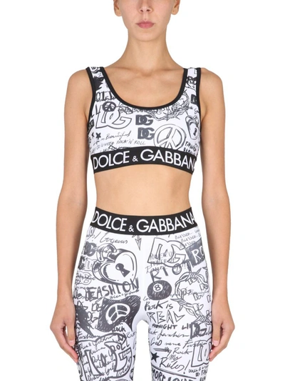 Dolce & Gabbana Graffiti Print Logo Band Sports Bra In White,black