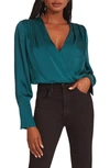 Favorite Daughter Surplice Long Sleeve Satin Bodysuit In Emerald