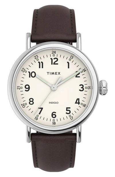 Timex Standard Leather Strap Watch, 40mm In Brown Silver Tone Cream