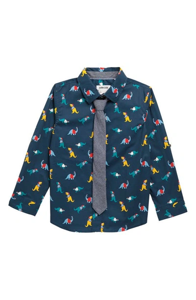 Sovereign Code Kids' Shirt & Tie Set In Sweater Dino/ Navy