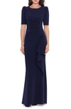 Xscape Side Ruched Ruffle Details Scuba Crepe Gown In Midnight