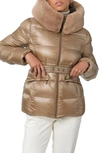 The Recycled Planet Company Lux Faux Fur Lined Water Resistant Down Recycled Nylon Puffer Jacket In Cafe Latte