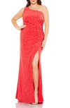 Mac Duggal Rhinestone One-shoulder Sheath Gown In Cherry