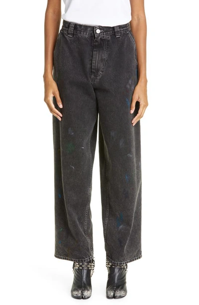 Maison Margiela High Waist Wide Leg Paint Jeans In Black