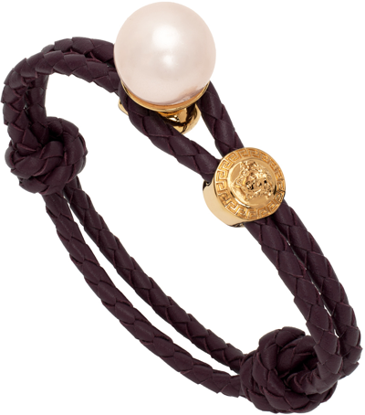 Versace Purple Leather & Pearl Bracelet In 4j700 Oro -pl