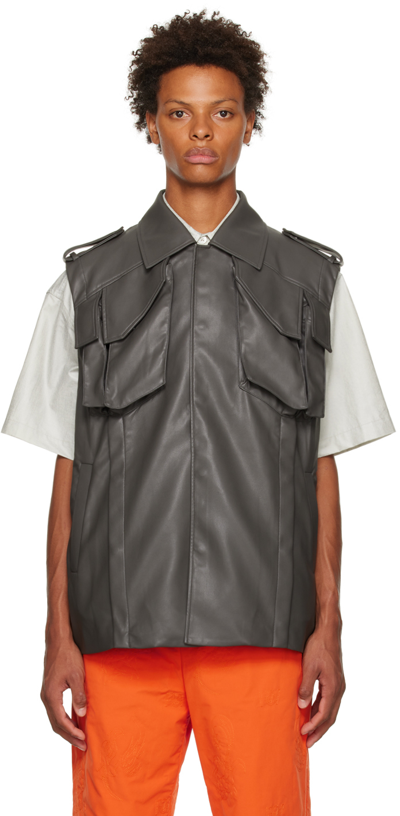 Feng Chen Wang Black Vented Faux-leather Waistcoat In Grey
