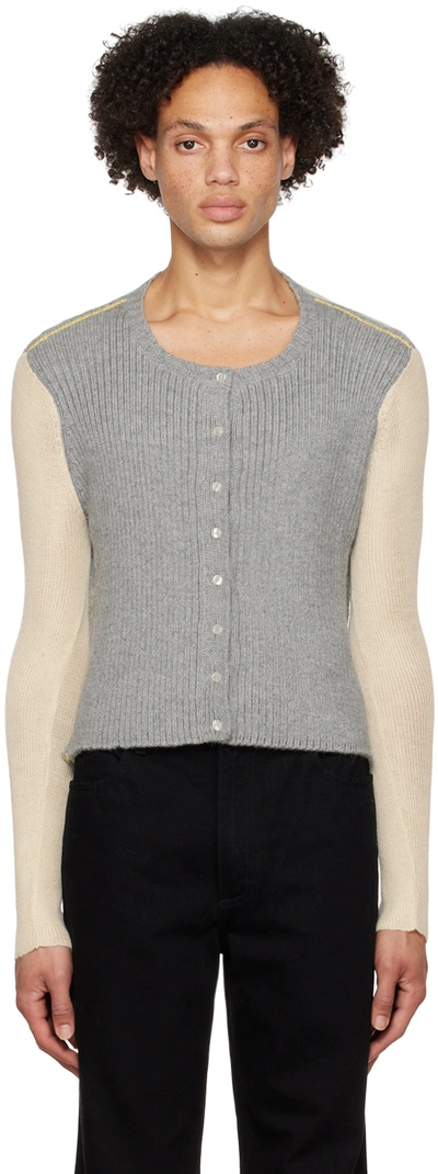 Eckhaus Latta Gray & Off-white Crewneck Cardigan In Calico