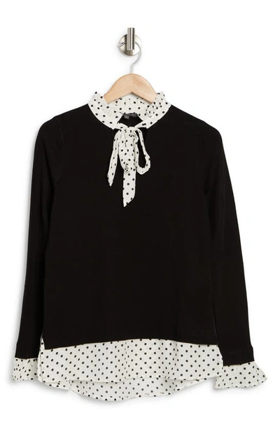 Adrianna Papell Ruffle Tie Neck Sweater In Black W/ivory/black Med Dot