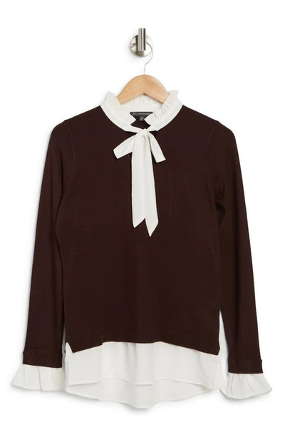 Adrianna Papell Ruffle Tie Neck Sweater In Deep Chocolate/ Ivory