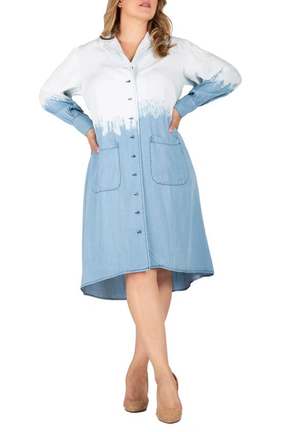 S And P Dip Dye Long Sleeve Shirtdress In Blue Dip Dye