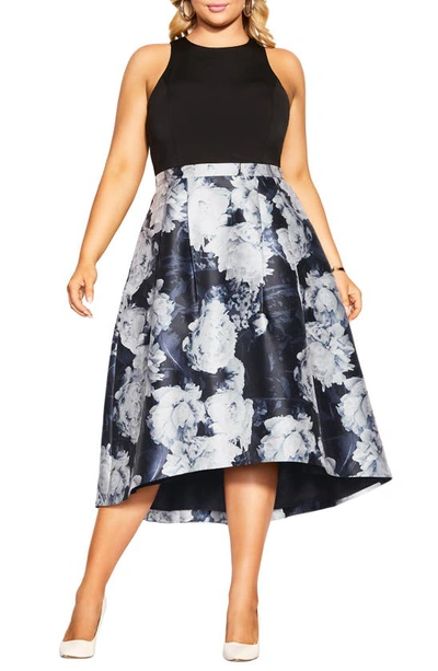 City Chic Victoria Floral Fit & Flare Dress In Black
