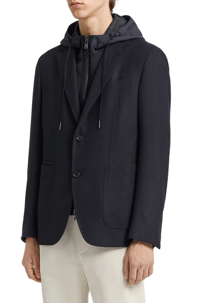 Zegna Hooded Two-button Wool-blend Blazer In Navy