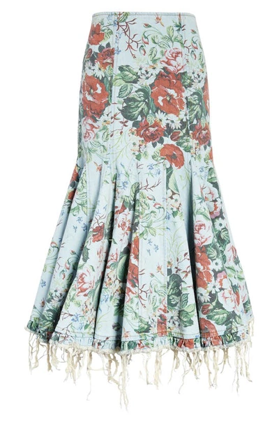 Molly Goddard Floral Print Raw Hem Denim Midi Skirt In Sky Blue