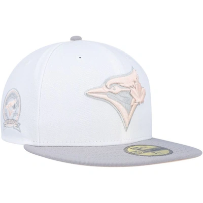 NEW ERA NEW ERA WHITE/GRAY TORONTO BLUE JAYS 40TH ANNIVERSARY SIDE PATCH PEACH UNDERVISOR 59FIFTY FITTED HAT