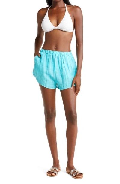 Vitamin A Tallows Stripe Linen Cover-up Shorts In Ecolinen Turquoise