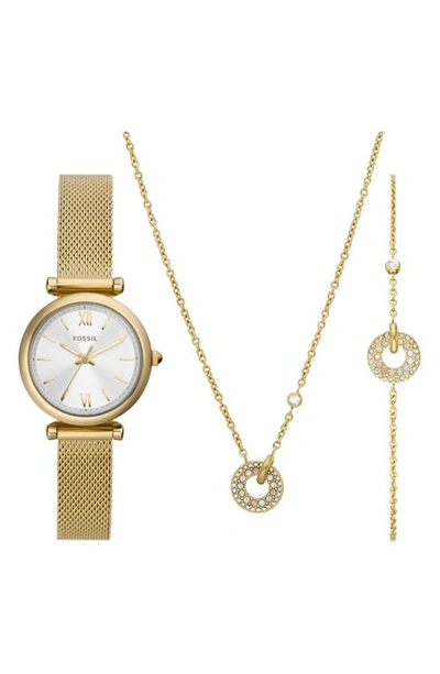 Fossil Women's Carlie Three-hand, Gold-tone Stainless Steel Bracelet Watch, 28mm And Jewelry Set