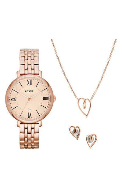 Fossil Jacqueline Watch, Heart Studs And Pendant Necklace Set, 36mm In Rose Gold