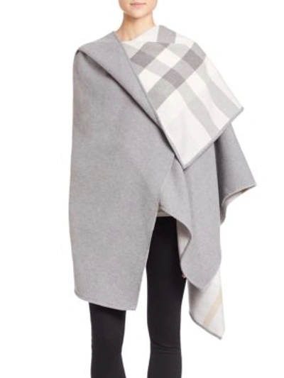 Burberry Reversible Check Merino Wool Poncho In Light Grey