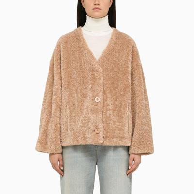 Stand Studio Short Beige Faux Fur Jacket In Brown