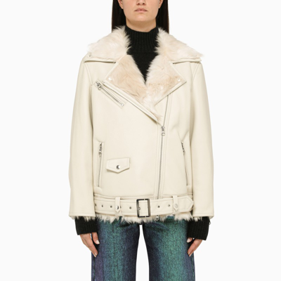 Stand Studio Cream Faux Leather Biker Jacket In White