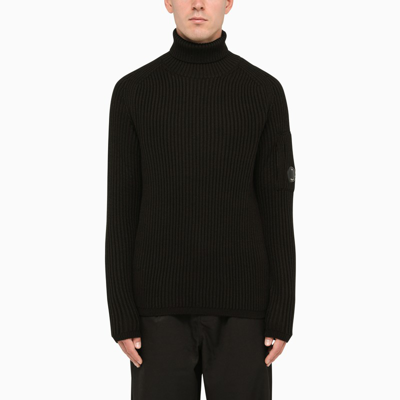 C.p. Company Black Ribbed Turtleneck In Wool Blend