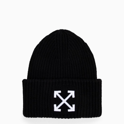 Off-white Arrow Embroidered Ribbed Wool Beanie In Black