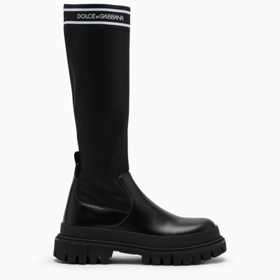 Dolce & Gabbana Black Leather And Jersey Boot In Nero/bianco