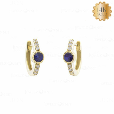 Pre-owned J.o.n 14k Gold Genuine Diamond And Blue Sapphire Gemstone Hoop Earrings Fine Jewelry In White