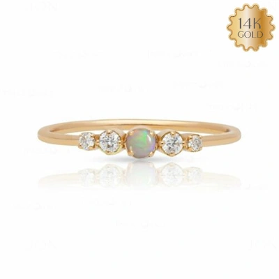 Pre-owned J.o.n 14k Gold Genuine Diamond And Opal Gemstone Minimalist Ring Fine Jewelry In White