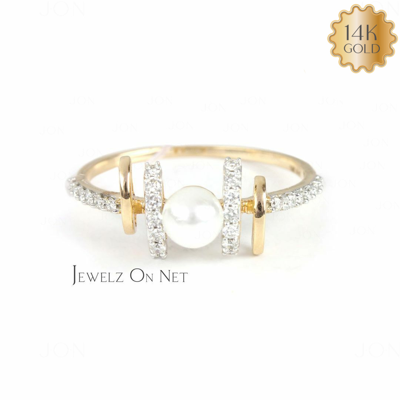 Pre-owned J.o.n 14k Gold Genuine Diamond And Freshwater Pearl Double Bar Ring Fine Jewelry In White