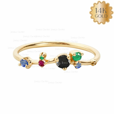 Pre-owned J.o.n 14k Gold Genuine Black Diamond Ruby Emerald Blue Sapphire Gemstone Cluster Ring In Yellow
