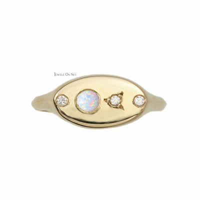 Pre-owned J.o.n 14k Gold Genuine Diamond And Opal October Birthstone Classic Signet Wedding Ring In White