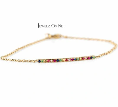 Pre-owned J.o.n 14k Gold 0.35 Ct. Genuine Multi Sapphire Rainbow Bar Bracelet Fine Jewelry Gift