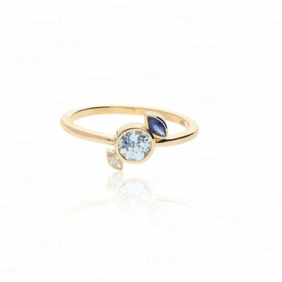 Pre-owned J.o.n 14k Gold Genuine Diamond Blue Sapphire And Aquamarine Gemstone Delicate Ring In White