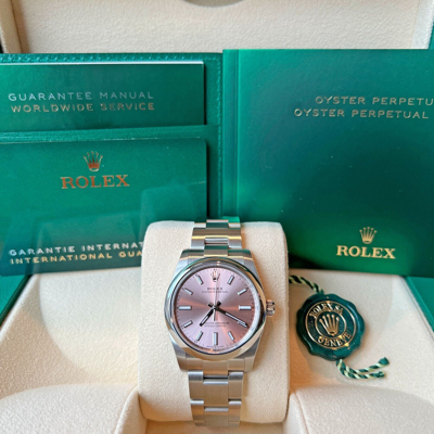 Pre-owned Rolex Unworn  Oyster Perpetual Ladies Pink Dial Watch 34mm 124200, Complete