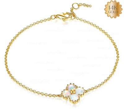 Pre-owned J.o.n 14k Gold Genuine 0.70 Ct. Opal Gemstone Clover Charm Bracelet Fine Jewelry