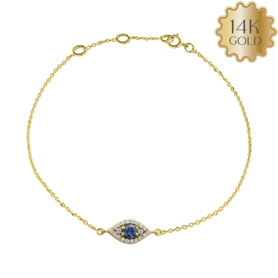 Pre-owned J.o.n 14k Gold Genuine Diamond Blue Sapphire Evil Eye Fine Bracelet In White