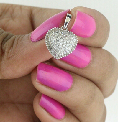 Pre-owned Halojeweler 1.00 Ct Real Round & Baguette Diamond Heart Shape Cluster Pendant 14k White Gold