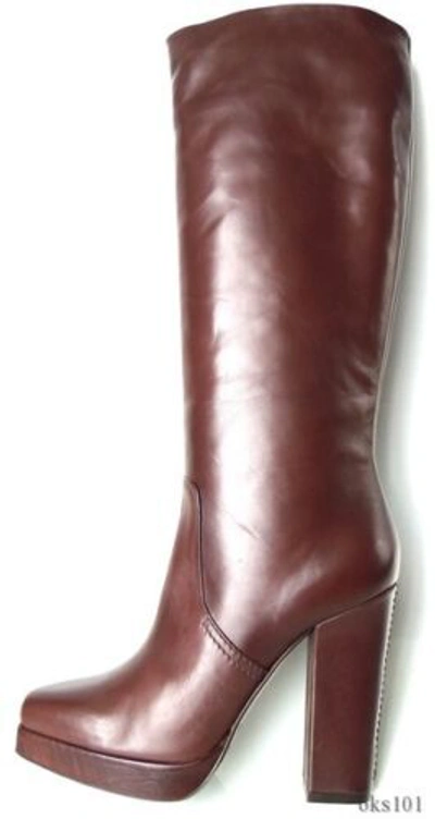 Pre-owned Calvin Klein Collection Brown Leather Platform Tall Boots Italy Classy $995