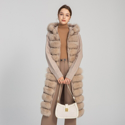 Pre-owned Jancoco Max Winter Knitted Coat Long Cardigan With Fox Fur Trim Real Fur Sweater Hooded53610 In Mocca